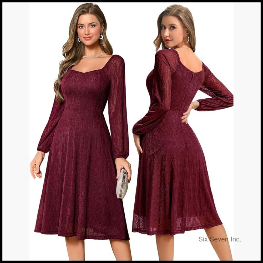 Nylon Spandex Lace Formal Dress Sweetheart Neck Long Sleeve Midi - Picture 1 of 7
